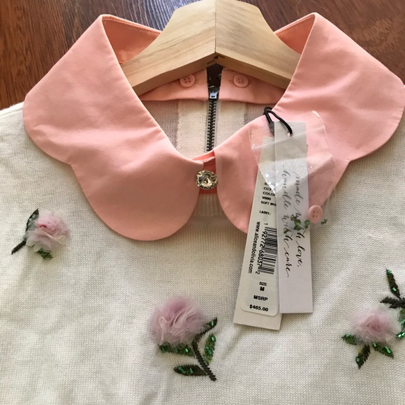NWT Alice + Olivia Chase Puff Sleeve Floral Embroidery Collar Pullover Sweater M - Picture 14 of 16